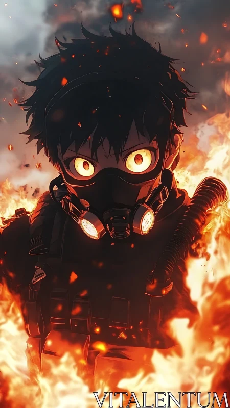 Masked anime firefighter stands in flames with burning sky.