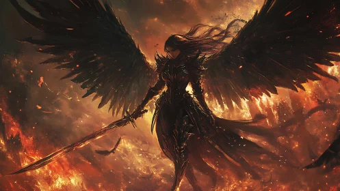 Winged warrior rising through firelit storm skies.