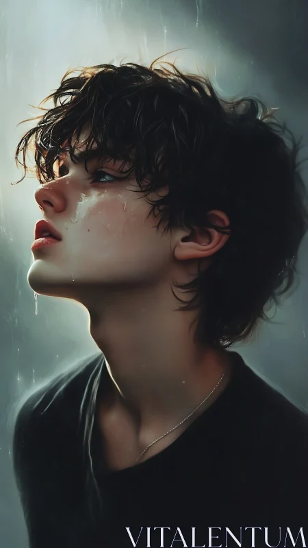 Rain-soaked youth in profile under soft cinematic light.