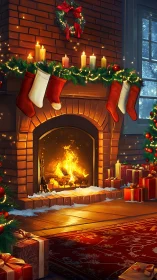 Christmas hearth interior shows warm lighting and detailed festive decor
