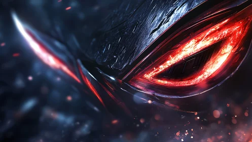 Cybernetic red eyes burn through swirling neon darkness.