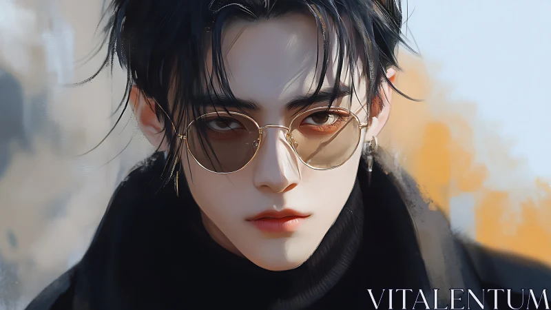 Digital portrait of dark haired person in round sunglasses.