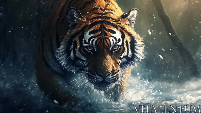 Tiger moving through shallow water in dim forest light.