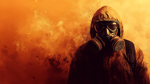 Hooded figure in gas mask stands against fiery orange haze