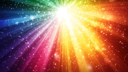 Radiant rainbow starburst spilling warm, sparkling light.
