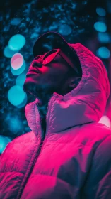 Neon dreamwalker in electric city glow and drifting haze.