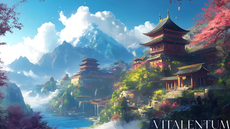 Tranquil mountain temples glowing in soft spring light.