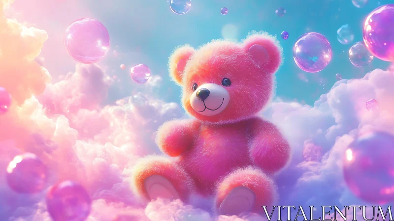 Pink plush teddy bear floats among pastel clouds and bubbles