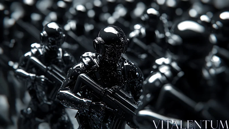 Chrome combat androids advancing in dense tactical formation.