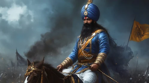 Sikh cavalry leader rides forward through dense battlefield smoke