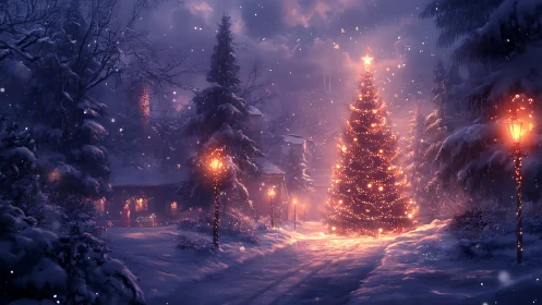 Snowy village Christmas tree under glowing winter night.
