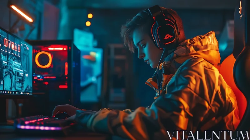 Focused young gamer enjoys a colorful neon gaming setup
