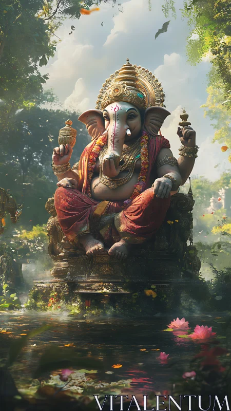 Forest Ganesha sits dreaming over a lotus-dusted mirror pond