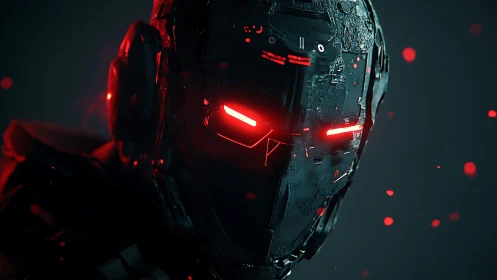 Black armored robotic head with red illuminated eye slits.