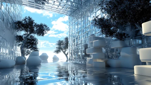 Rendered architectural environment with modernist structures and inserted vegetation elements.