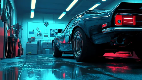 Midnight muscle car humming under neon garage hush.