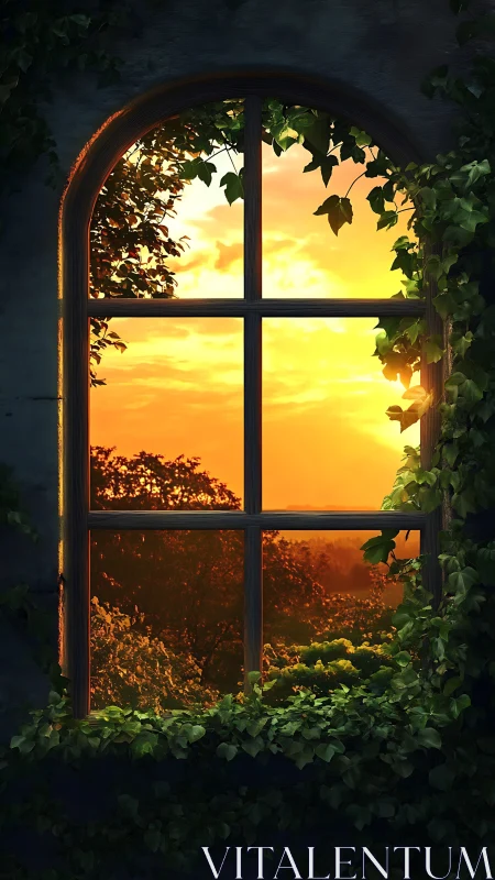 Sunset glows beyond ivy framed rustic arched window