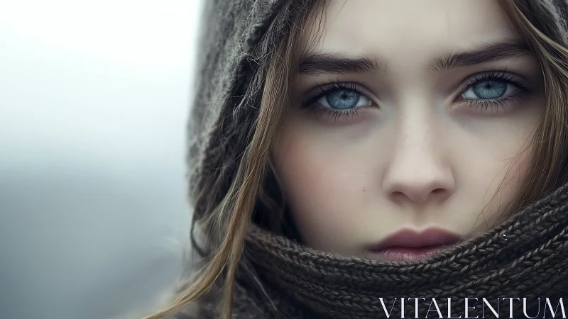 Quiet winter gaze wrapped in soft wool and pale light.