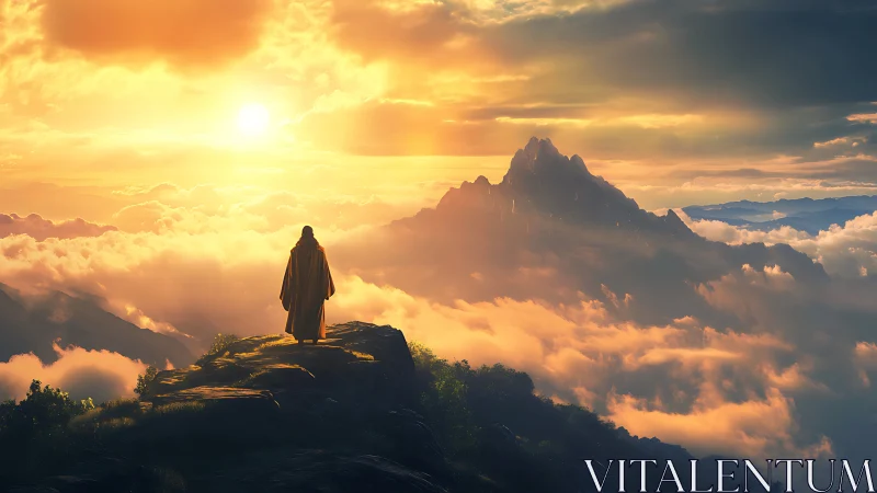Solitary robed figure overlooking radiant sunrise mountainscape