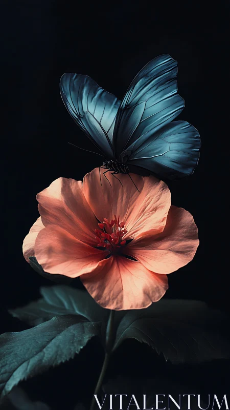 Photorealistic macro of blue butterfly on coral bloom.