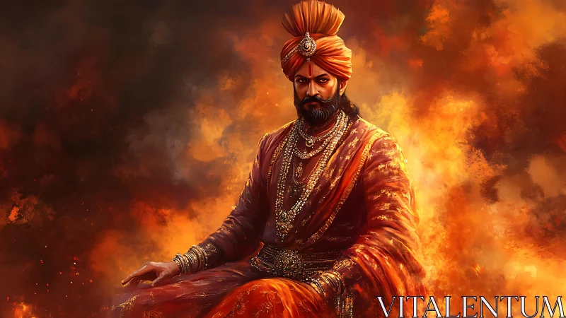 Regal warrior king seated amid swirling molten fire
