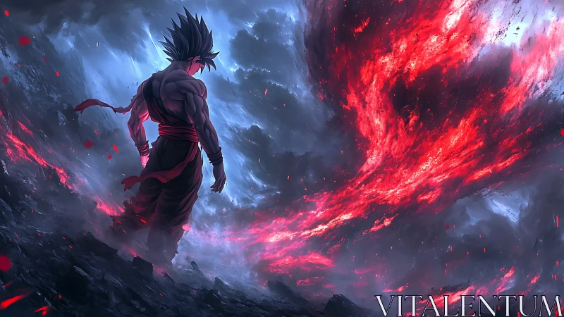 Lone anime warrior facing a roaring red cosmic storm.