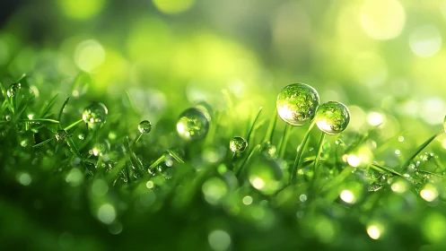 Dawnlit dew orbs sparkling over emerald grass realms.