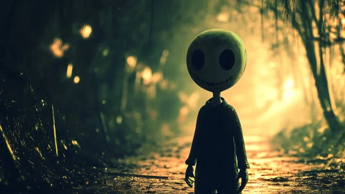 Moon-faced wanderer haunts a lantern-lit forest path.