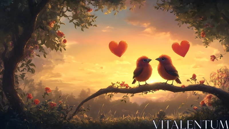Two Red Birds on Branch with Heart Symbols Against Golden Sunset