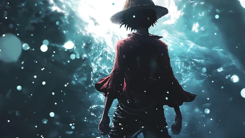 Silhouetted boy in straw hat facing bright ocean light.