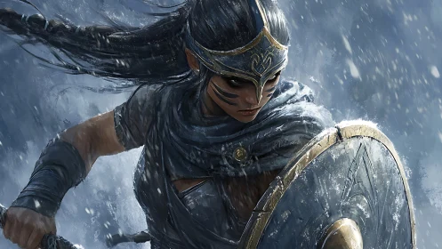 Battle-hardened shieldmaiden advances through a frozen storm