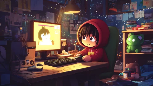 Late-night hoodie gamer adrift in a cozy neon-starred den.