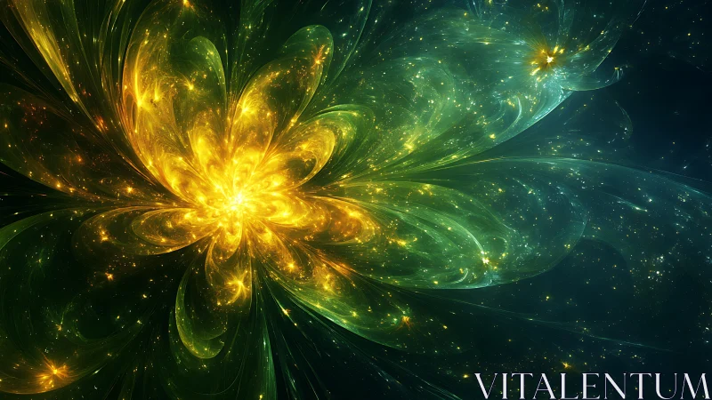 Starlit nebula blossom swirling in cosmic green gold bloom.