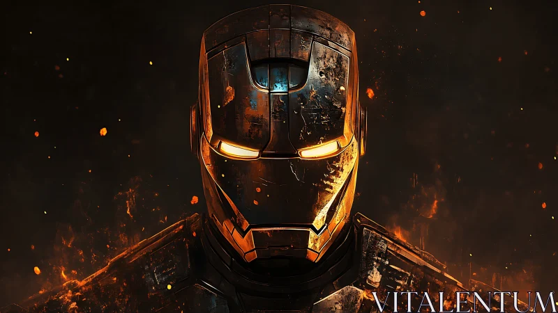 Battle-scarred armored helmet amid glowing embers at night.