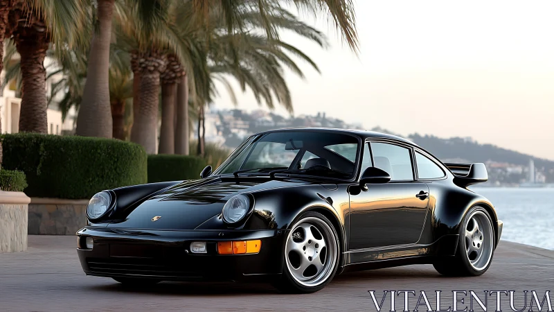 Black air‑cooled sports coupe rendered in coastal sunset reflections