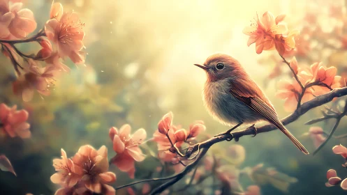 Backlit songbird on cherry branch in soft atmospheric bloom.