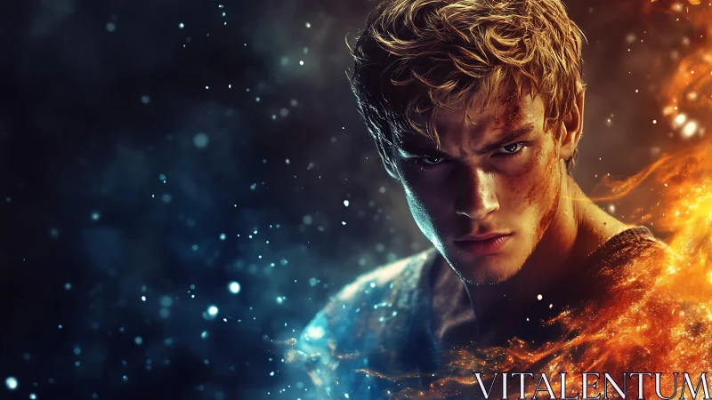 Elemental warrior between frost-lit void and searing blaze.