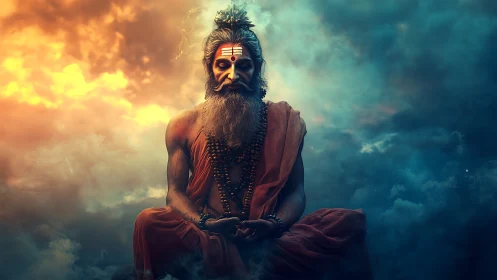 Skyborne sage in molten dusk and teal stormlight meditation.