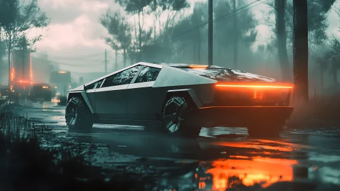 Futuristic electric truck on neon-lit rainy forest road.