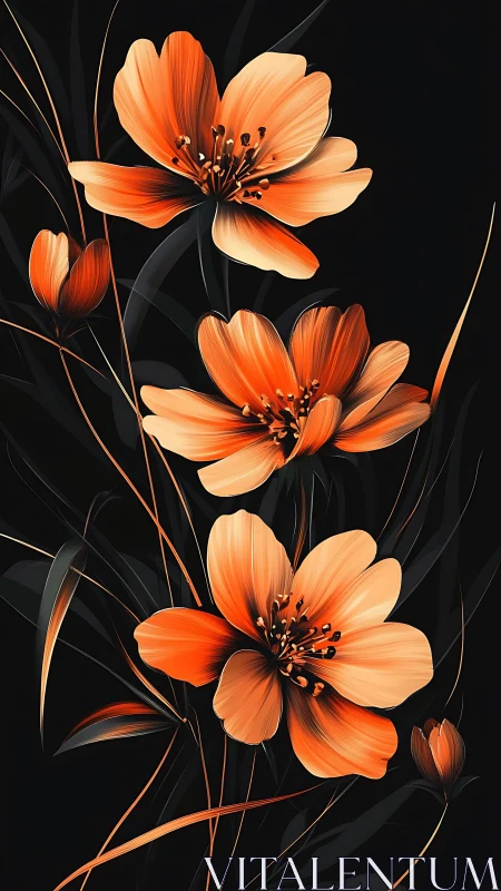 Orange Cosmos Flowers Against Black Background.