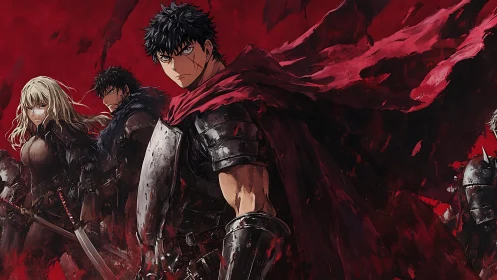 Armored warriors advance against abstract crimson battlefield