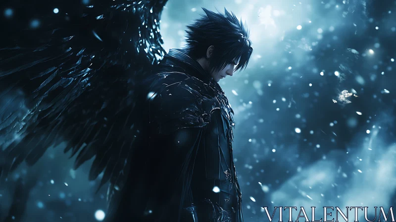 Fallen winged guardian pauses in a storm of soft starlight.