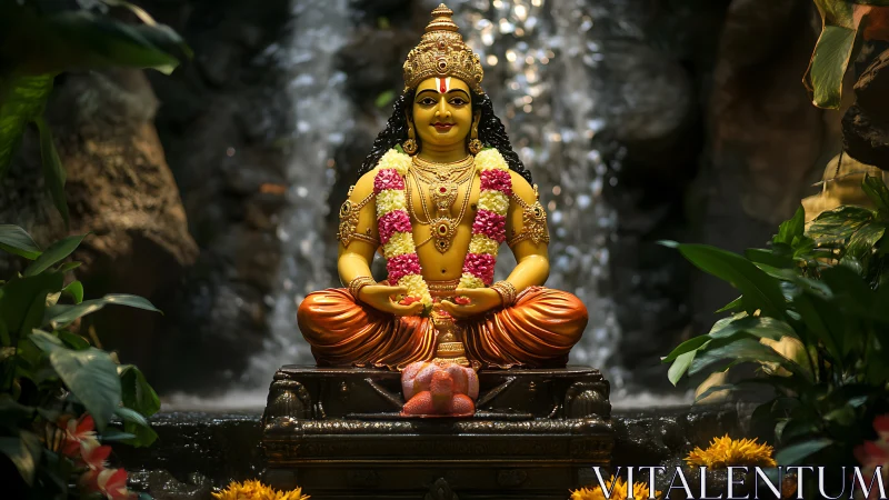 Golden Hindu goddess statue sits before cascading waterfall