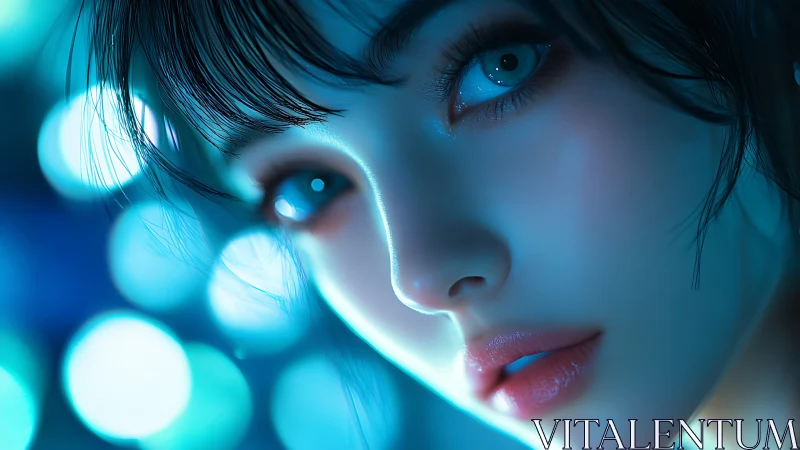 Dreamy blue portrait of a girl glowing in soft city lights.