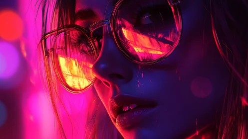 Neon-lit female portrait renders reflective cyberpunk glasses