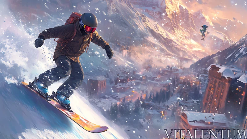 Snowboarder carves steep alpine slope above glowing resort