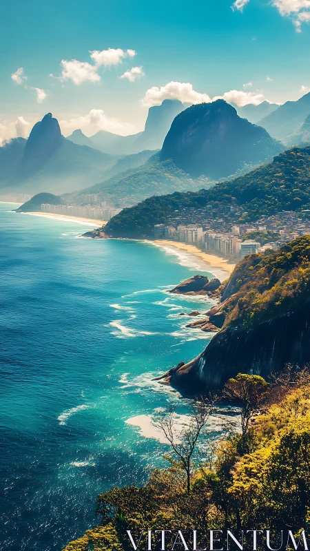 Tropical coastline curves below steep forested mountains