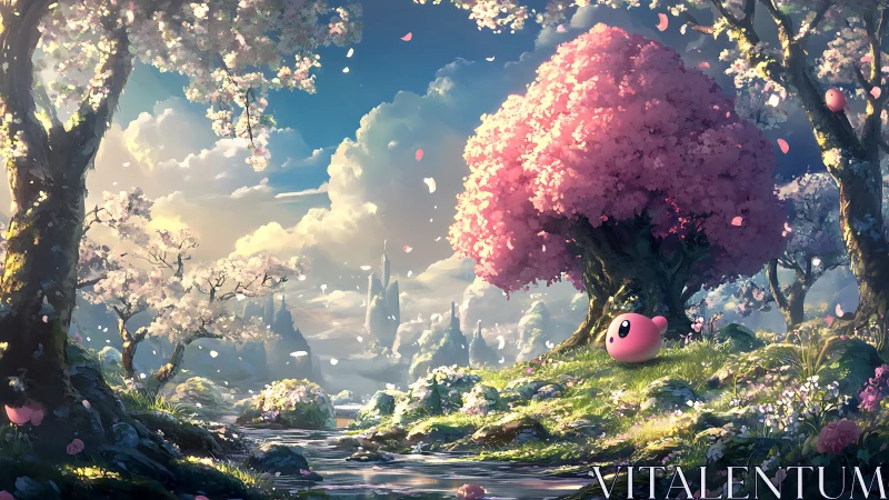 Pastel fantasy grove with pink mascot under blooming tree.