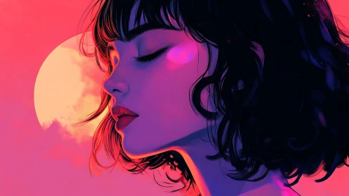 Profile portrait of woman against stylized sunset background.