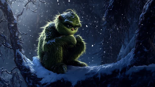 Grumpy green mischief curls into moonlit winter shadows